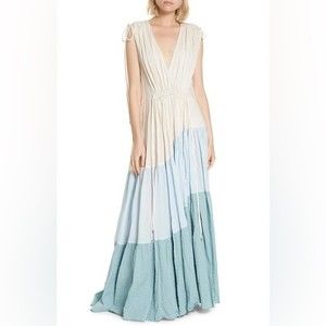 LEE MATHEWS Lilian Tiered Colorblock Seersucker Maxi Dress Size 3 NEW NWT